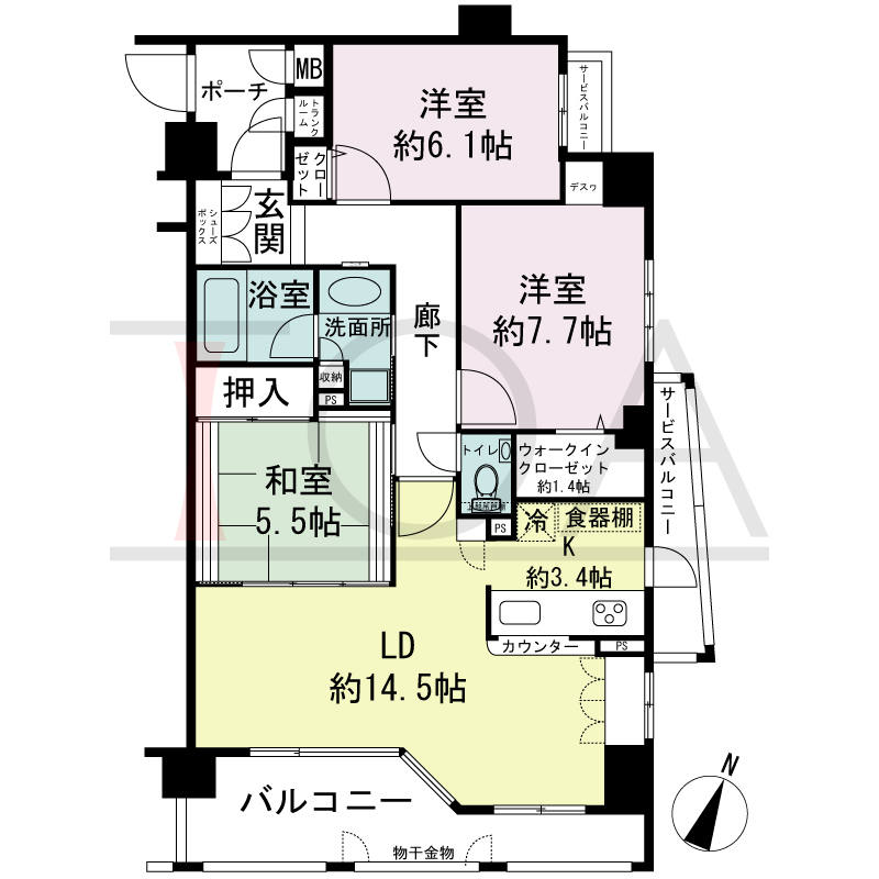 ワコーレ山本通アヴァンツィオの間取り図 全3邸　南東角住戸
3LDK　専有面積82.99m2
バルコニー面積10.83m2
サービスバルコニー面積4.96m2
ポーチ面積3.52m2