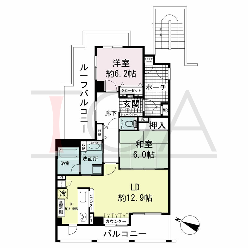 ワコーレ山本通アヴァンツィオの間取り図 1邸　北西角住戸
2LDK　専有面積69.78m2
バルコニー面積10.85m2
ルーフテラス面積16.05m2
ポーチ面積6.03m2