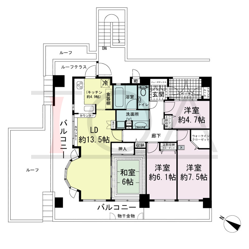 ワコーレ山本通アヴァンツィオの間取り図 1邸　北西角住戸
4LDK　専有面積94.16m2
バルコニー面積35.50m2
ルーフテラス面積4.62m2
ポーチ面積4.40m2