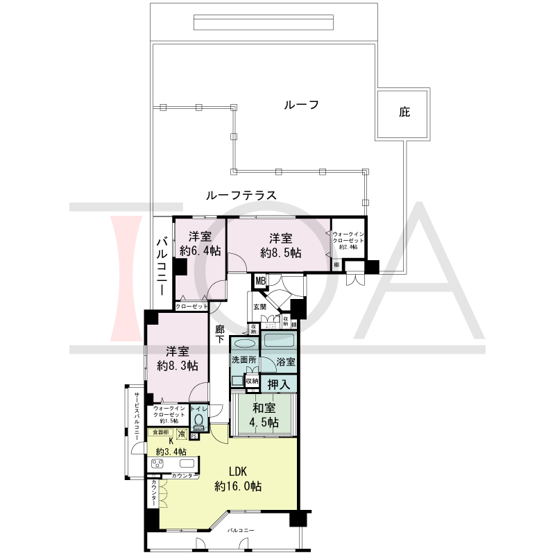 ワコーレ山本通アヴァンツィオの間取り図 1邸　南西角住戸
4LDK　専有面積108.70m2
バルコニー面積12.15m2
サービスバルコニー面積4.27m2
ルーフテラス面積27.92m2
ポーチ面積3.29m2