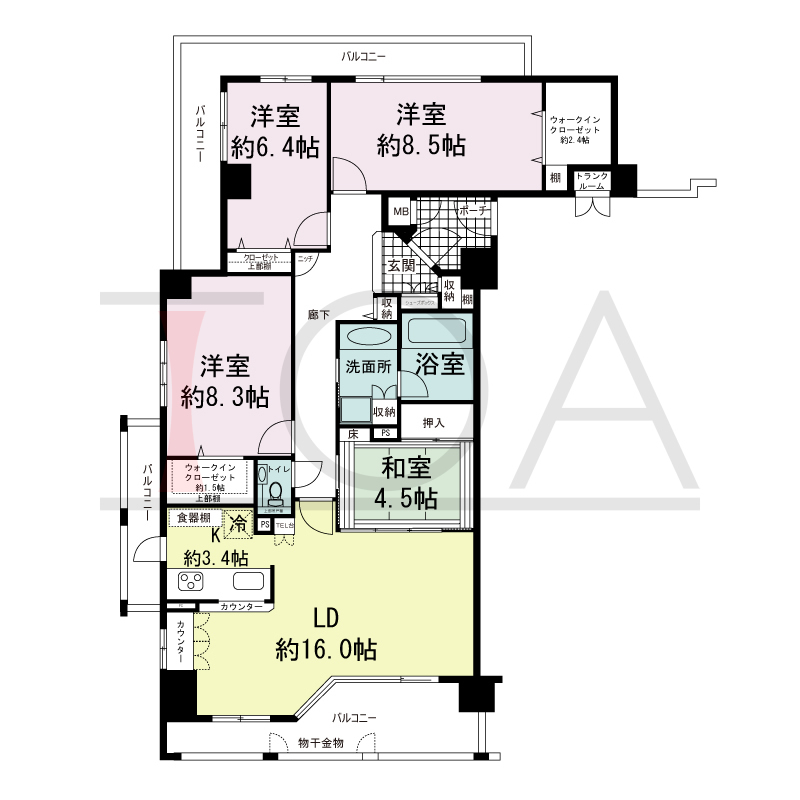 ワコーレ山本通アヴァンツィオの間取り図 1邸　南西角住戸
4LDK　専有面積108.70m2
バルコニー面積12.15m2
サービスバルコニー面積4.27m2
ポーチ面積3.29m2