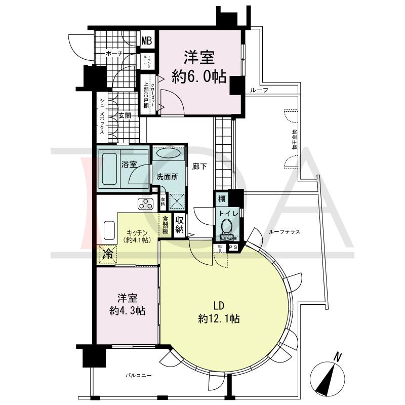 ワコーレ山本通アヴァンツィオの間取り図 1邸　南東角住戸
2LDK　専有面積65.62m2
バルコニー面積7.97m2
ルーフテラス面積20.87m2
ポーチ面積3.52m2