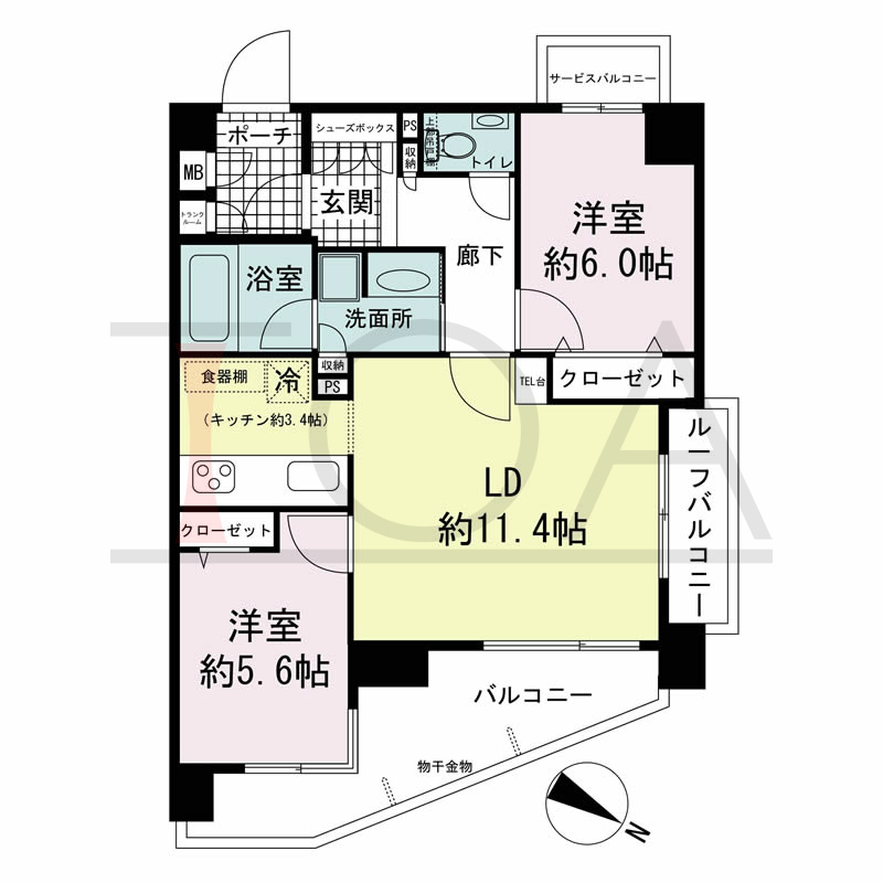 ワコーレ山本通アヴァンツィオの間取り図 1邸　北東角住戸
2LDK　専有面積59.92m2
バルコニー面積9.13m2
サービスバルコニー面積1.80m2
ルーフテラス面積4.80m2
ポーチ面積2.66m2