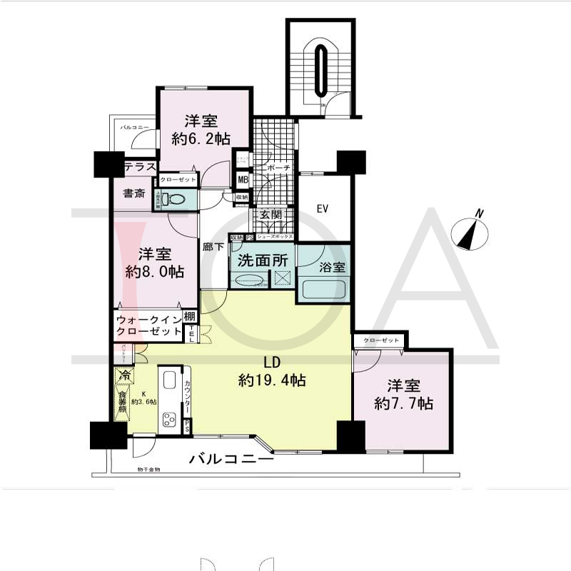 ワコーレ山本通アヴァンツィオの間取り図 1邸　南向き住戸
3LDK　専有面積95.67m2
バルコニー面積14.84m2
ポーチ面積4.48m2