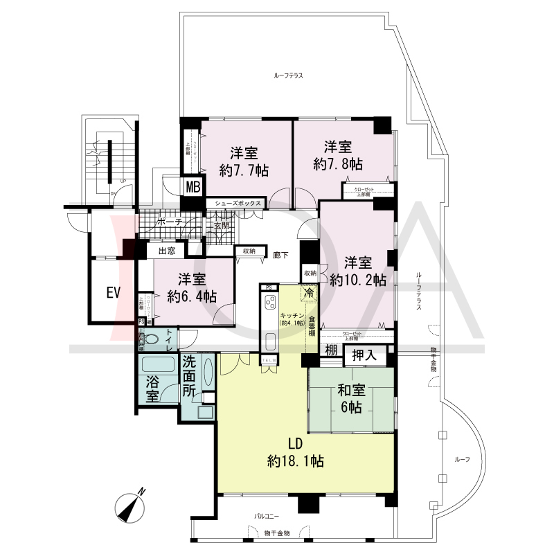 ワコーレ山本通アヴァンツィオの間取り図 1邸　南東角住戸
5LDK　専有面積137.32m2
バルコニー面積12.99m2
ルーフテラス面積69.50m2
ポーチ面積5.22m2