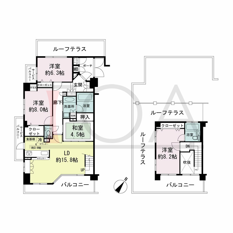 ワコーレ山本通アヴァンツィオの間取り図 1邸　南西角住戸
4LDK　専有面積112.49m2
バルコニー面積20.33m2
サービスバルコニー面積6.36m2
ルーフテラス面積46.63m2
ポーチ面積3.68m2