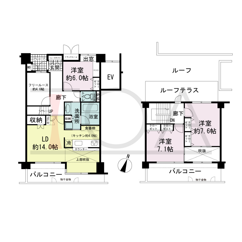 ワコーレ山本通アヴァンツィオの間取り図 1邸　南向き住戸
3LDK+F　専有面積104.59m2
バルコニー面積23.98m2
ルーフテラス面積13.80m2
アルコーブ面積2.72m2