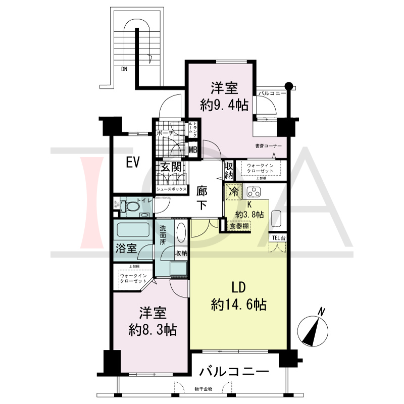 ワコーレ山本通アヴァンツィオの間取り図 1邸　南向き住戸
2LDK　専有面積81.19m2
バルコニー面積13.16m2
ポーチ面積2.38m2