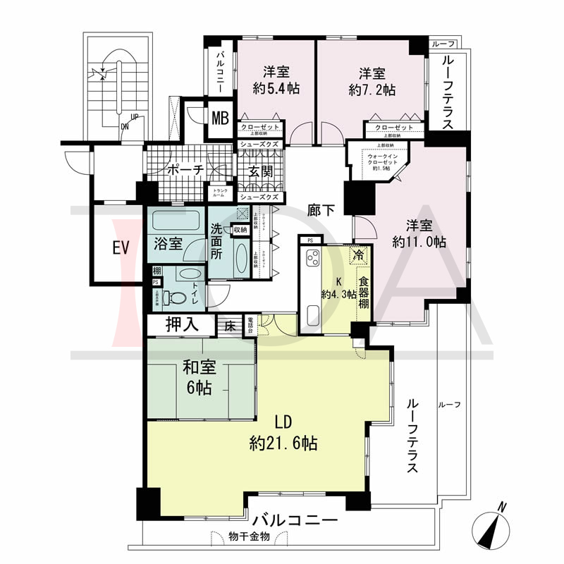 ワコーレ山本通アヴァンツィオの間取り図 1邸　南東角住戸
4LDK　専有面積127.05m2
バルコニー面積12.48m2
ルーフテラス面積17.97m2
ポーチ面積6.17m2