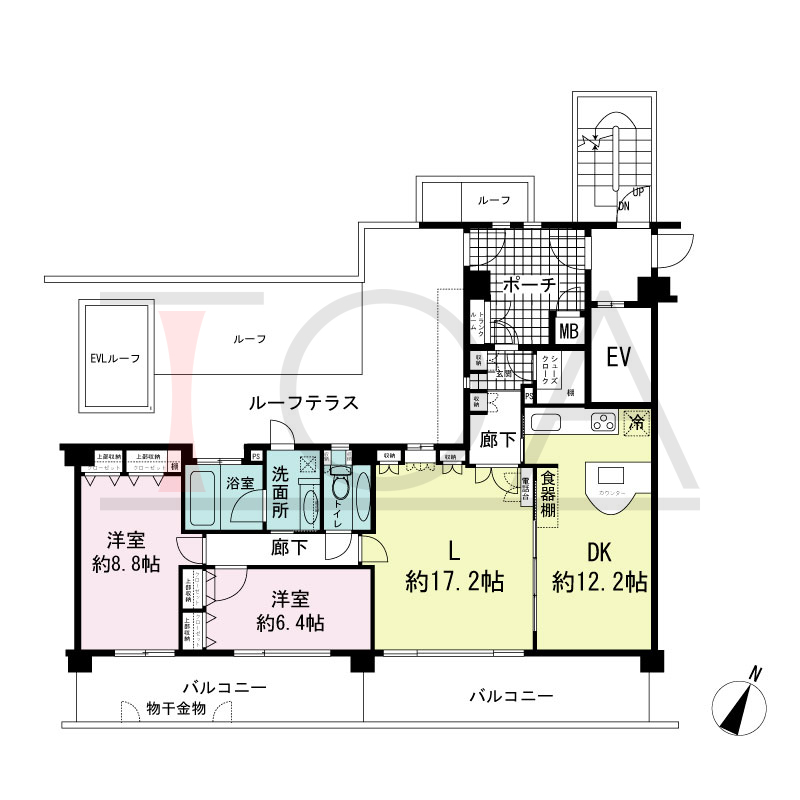 ワコーレ山本通アヴァンツィオの間取り図 1邸　南向き住戸
2LDK　専有面積97.59m2
バルコニー面積34.00m2
ルーフテラス面積26.27m2
ポーチ面積8.86m2