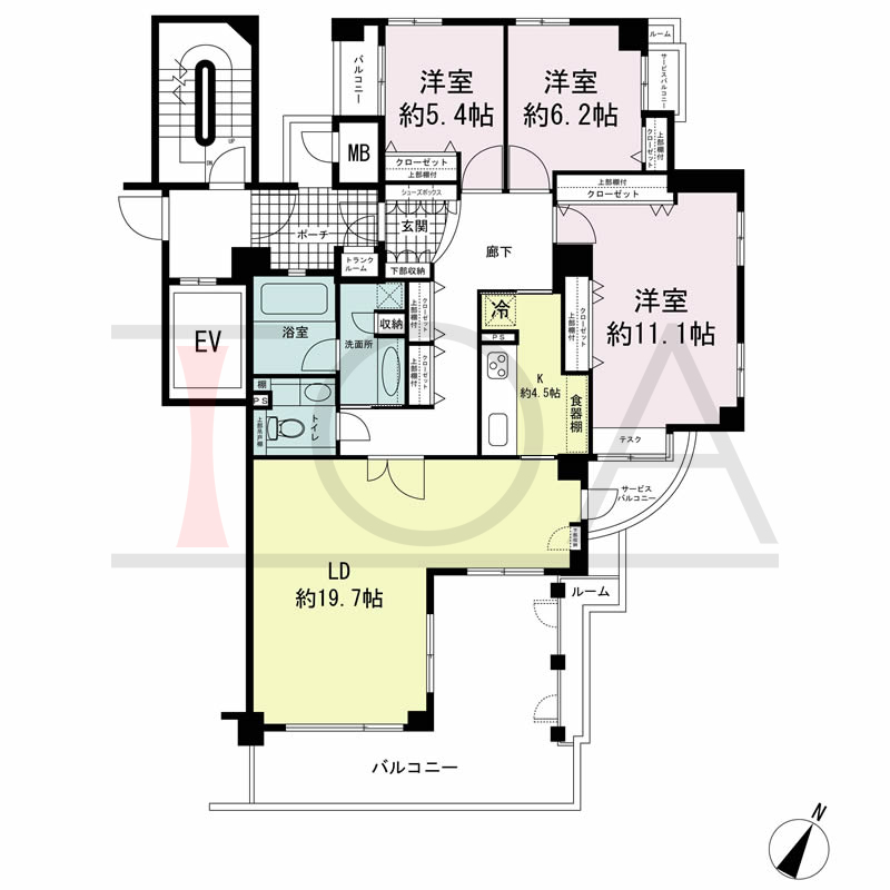 ワコーレ山本通アヴァンツィオの間取り図 1邸　南東角住戸
3LDK　専有面積110.16m2
バルコニー面積23.30m2
サービスバルコニー面積4.10m2
ポーチ面積6.17m2