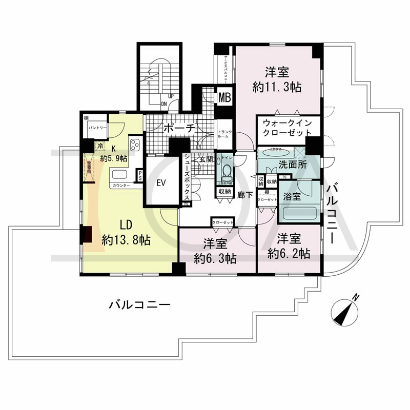 ワコーレ山本通アヴァンツィオの間取り図 1邸　南東西角住戸
3LDK　専有面積105.21m2
バルコニー面積43.67m2
サービスバルコニー面積1.89m2
ルーフテラス面積41.39m2
ポーチ面積9.08m2
