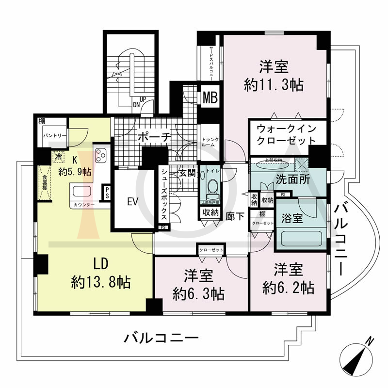ワコーレ山本通アヴァンツィオの間取り図 1邸　南東西角住戸
3LDK　専有面積105.21m2
バルコニー面積43.67m2
サービスバルコニー面積1.89m2
ポーチ面積9.08m2