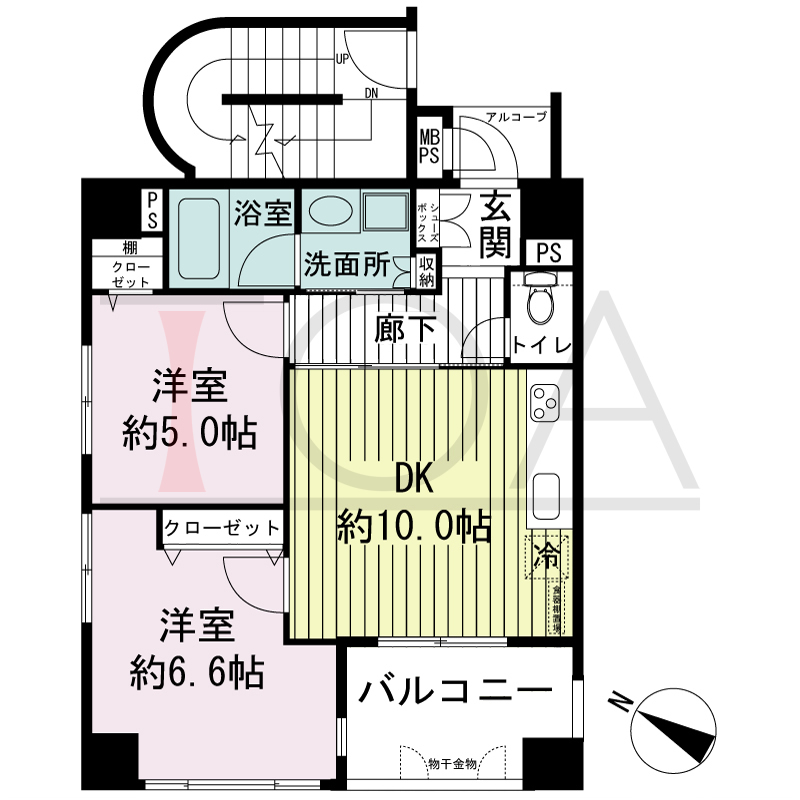 ワコーレ神戸中山手通の間取り図 全4邸　北西角住戸
2DK　専有面積51.21m2
バルコニー面積6.60m2
アルコーブ面積1.55m2