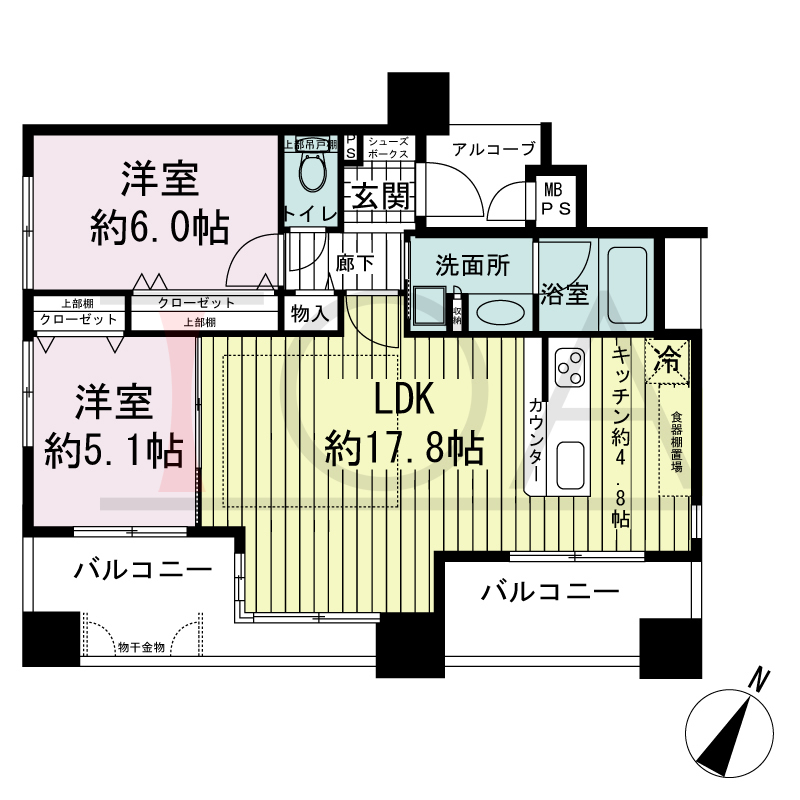 ワコーレ神戸中山手通の間取り図 全4邸　南西角住戸
2DK　専有面積61.18m2
バルコニー面積13.23m2
アルコーブ面積2.67m2