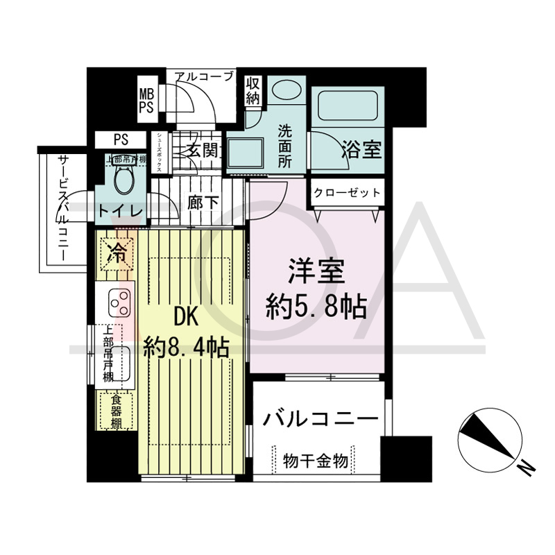 ワコーレ神戸中山手通の間取り図 全3邸　南東角住戸
1DK　専有面積34.93m2
バルコニー面積5.20m2
サービスバルコニー面積2.07m2
アルコーブ面積1.60m2