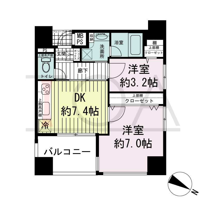 ワコーレ神戸中山手通の間取り図 全3邸　北東角住戸
2DK　専有面積43.26m2
バルコニー面積6.60m2
アルコーブ面積1.89m2