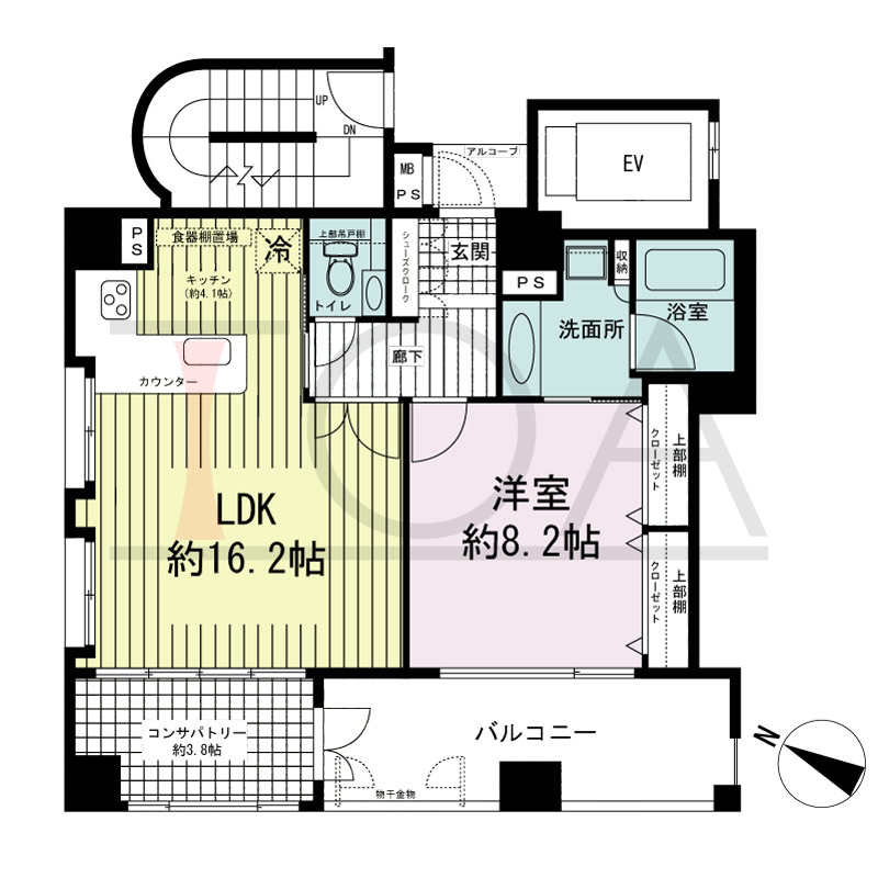 ワコーレ神戸中山手通の間取り図 全4邸　北西角住戸
1LDK+C　専有面積66.01m2
バルコニー面積11.80m2
アルコーブ面積1.55m2