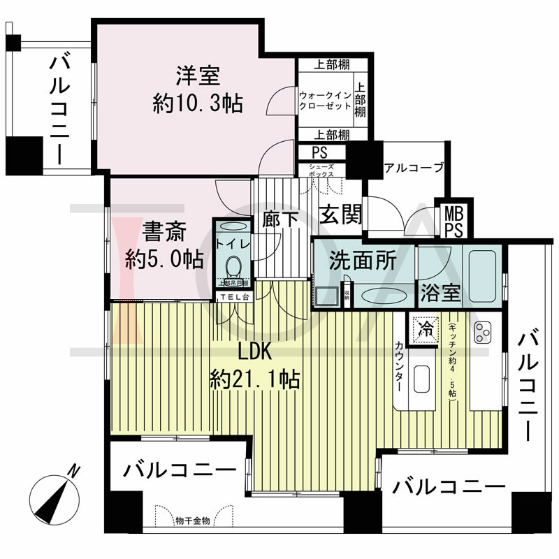 ワコーレ神戸中山手通の間取り図 全3邸　南東角住戸
1LDK+S　専有面積78.05m2
バルコニー面積24.23m2
アルコーブ面積3.93m2