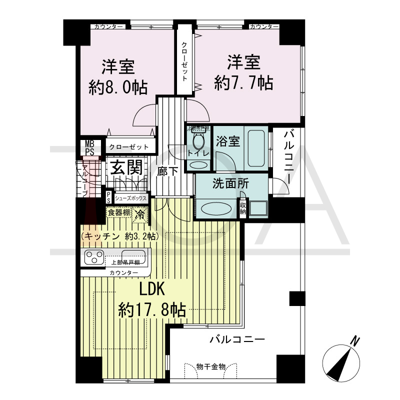 ワコーレ神戸中山手通の間取り図 全3邸　南東角住戸
2LDK　専有面積72.97m2
バルコニー面積19.77m2
アルコーブ面積1.89m2