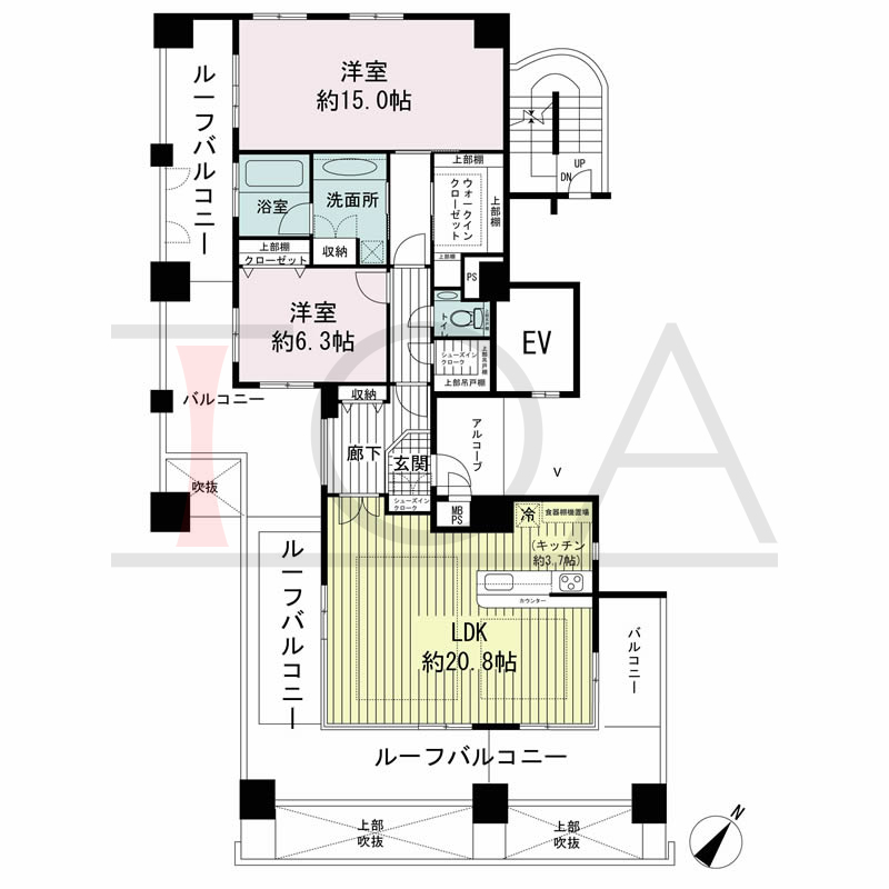 ワコーレ神戸中山手通の間取り図 全1邸　南西角住戸
2LDK　専有面積100.56m2
バルコニー面積17.80m2
ルーフバルコニー面積63.43m2
アルコーブ面積3.77m2