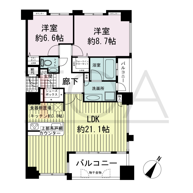 ワコーレ神戸中山手通の間取り図 全1邸　南東角住戸
2LDK　専有面積80.04m2
バルコニー面積11.60m2
アルコーブ面積1.89m2