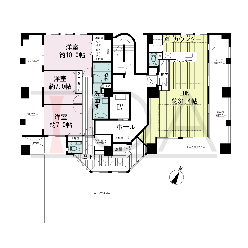 ワコーレ神戸中山手通の間取り図 全1邸　ペントハウス住戸
3LDK　専有面積140.63m2
バルコニー面積19.60m2
ルーフバルコニー面積93.46m2
アルコーブ面積3.53m2