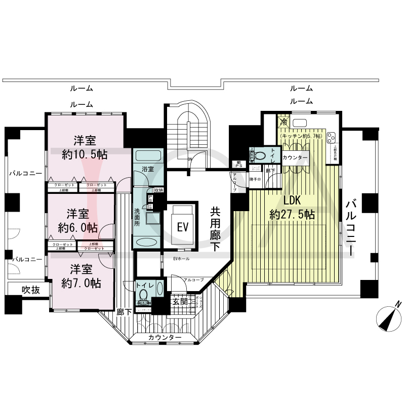 ワコーレ神戸中山手通の間取り図 全1邸　ペントハウス住戸
3LDK　専有面積126.47m2
バルコニー面積34.52m2
アルコーブ面積3.53m2