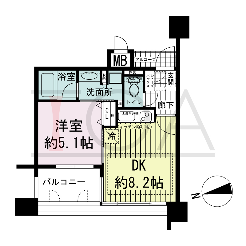 ワコーレ神戸北野セリュックスの間取り図 全3邸　西向き住戸
1DK　専有面積32.72m2
バルコニー面積5.32m2
アルコーブ面積1.20m2