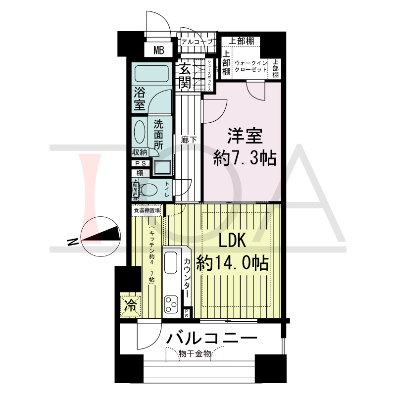ワコーレ神戸北野セリュックスの間取り図 全3邸　西向き住戸
1LDK　専有面積52.42m2
バルコニー面積11.60m2
アルコーブ面積0.98m2