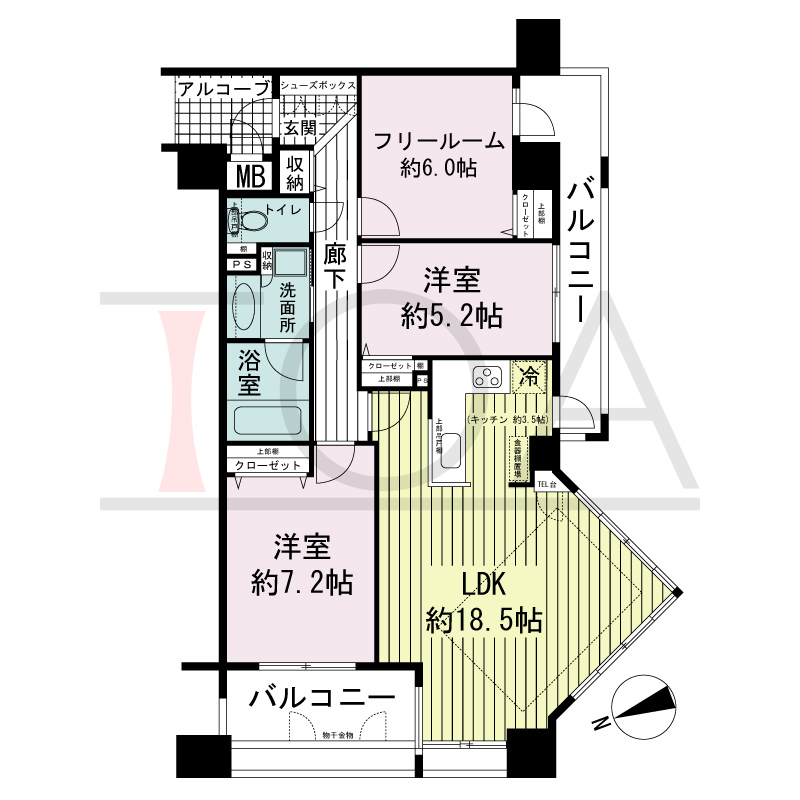 ワコーレ神戸北野セリュックスの間取り図 全5邸　南西角住戸
2LDK+F　専有面積80.28m2
バルコニー面積15.55m2
アルコーブ面積2.95m2