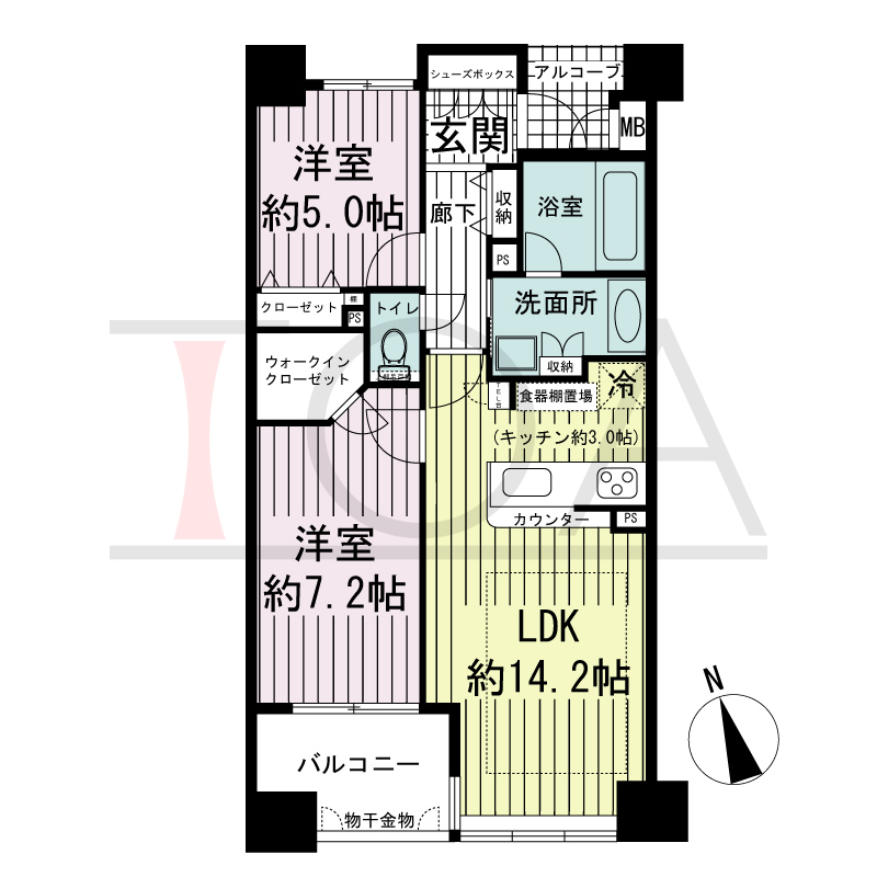 ワコーレ神戸北野セリュックスの間取り図 全6邸　南向き住戸
2LDK　専有面積60.60m2
バルコニー面積6.00m2
アルコーブ面積2.66m2