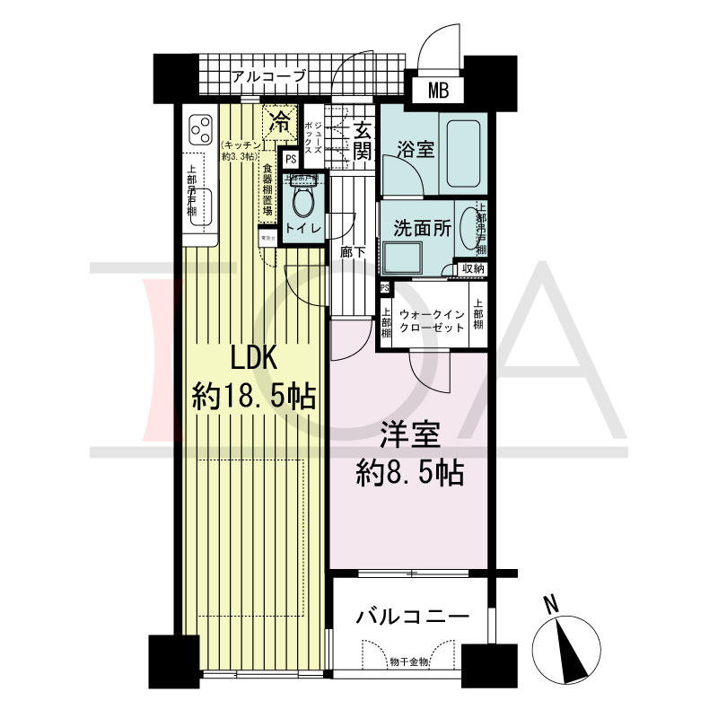 ワコーレ神戸北野セリュックスの間取り図 全6邸　南向き住戸
1LDK　専有面積60.13m2
バルコニー面積5.85m2
アルコーブ面積3.08m2