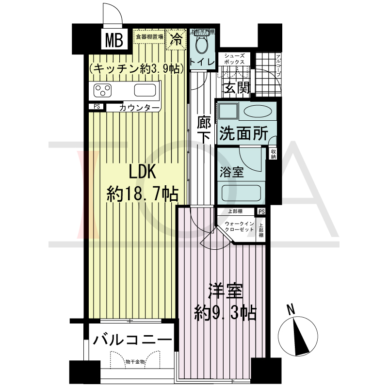 ワコーレ神戸北野セリュックスの間取り図 全6邸　南向き住戸
1LDK　専有面積62.30m2
バルコニー面積6.00m2
アルコーブ面積1.44m2