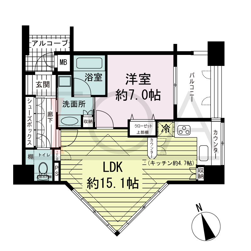 ワコーレ神戸北野セリュックスの間取り図 全3邸　南東角住戸
1LDK　専有面積50.92m2
バルコニー面積6.00m2
アルコーブ面積2.93m2