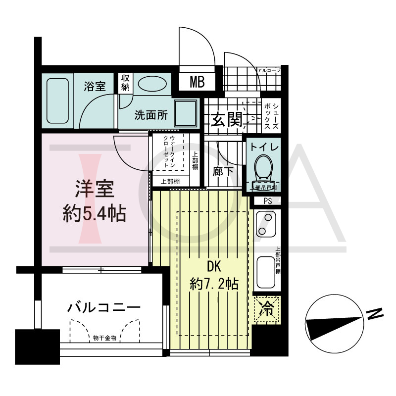 ワコーレ神戸北野セリュックスの間取り図 全4邸　東向き住戸
1LDK　専有面積32.56m2
バルコニー面積6.00m2
アルコーブ面積0.96m2