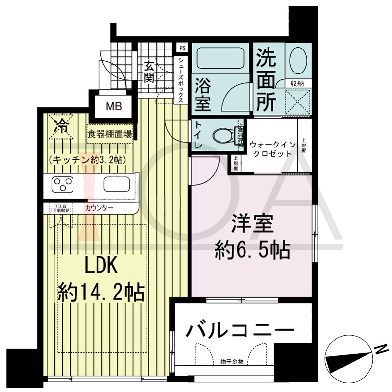 ワコーレ神戸北野セリュックスの間取り図 全6邸　北東角住戸
1LDK　専有面積48.00m2
バルコニー面積7.00m2
アルコーブ面積0.70m2