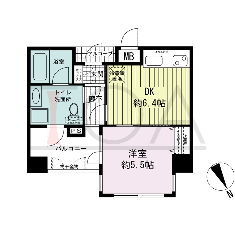 ワコーレ神戸北野セリュックスの間取り図 全6邸　北向き住戸
1DK　専有面積30.88m2
バルコニー面積5.22m2
アルコーブ面積1.08m2