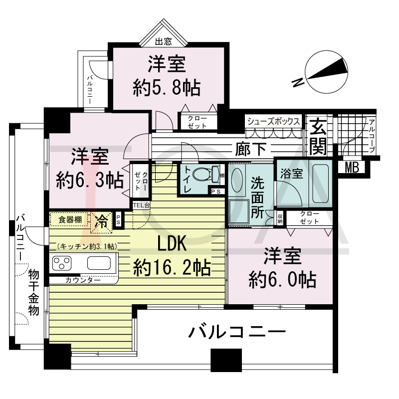 ワコーレ神戸北野セリュックスの間取り図 全3邸　北西角住戸
3LDK　専有面積75.78m2
バルコニー面積22.37m2
アルコーブ面積1.80m2