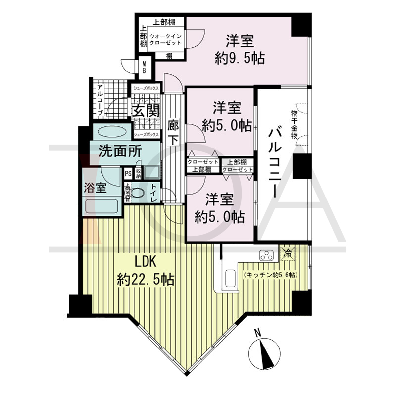ワコーレ神戸北野セリュックスの間取り図 全2邸　東南角住戸
3LDK　専有面積90.44m2
バルコニー面積12.00m2
アルコーブ面積2.40m2