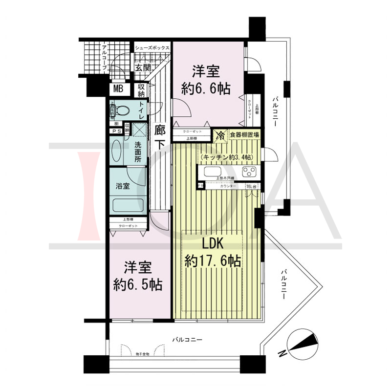 ワコーレ神戸北野セリュックスの間取り図 1邸　南西角住戸
2LDK　専有面積70.20m2
バルコニー面積26.71m2
アルコーブ面積2.95m2