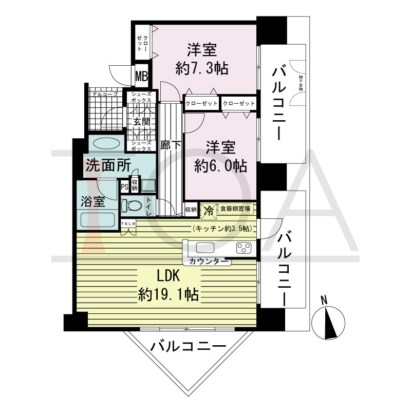 ワコーレ神戸北野セリュックスの間取り図 1邸　東南角住戸
2LDK　専有面積73.08m2
バルコニー面積29.36m2
アルコーブ面積2.40m2