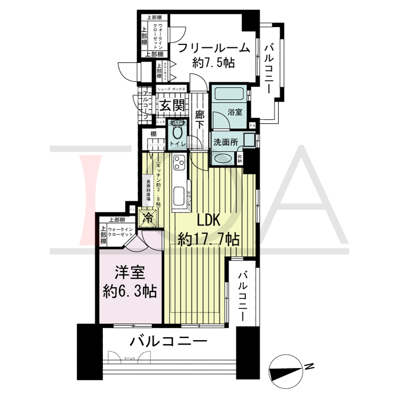 ワコーレ神戸北野セリュックスの間取り図 1邸　北東角住戸
1LDK+F　専有面積71.26m2
バルコニー面積21.08m2
アルコーブ面積1.08m2