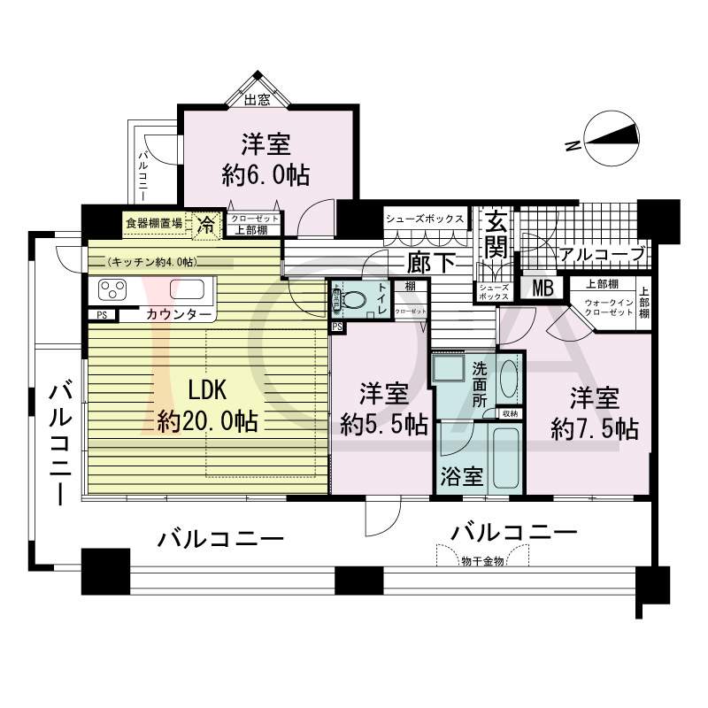 ワコーレ神戸北野セリュックスの間取り図 1邸　北西角住戸
3LDK　専有面積85.38m2
バルコニー面積35.03m2
アルコーブ面積4.50m2