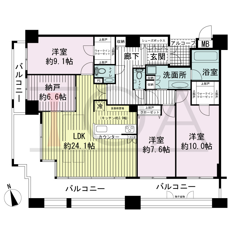 ワコーレ神戸北野セリュックスの間取り図 全3邸　南西角住戸
3LDK+DEN　専有面積128.73m2
バルコニー面積41.43m2
アルコーブ面積2.93m2