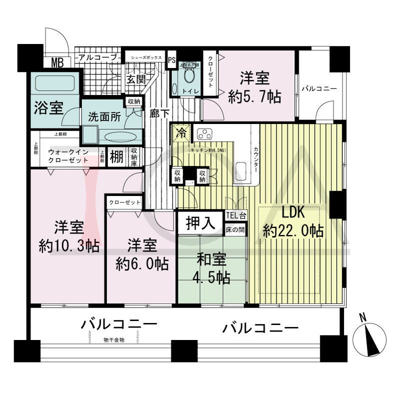 ワコーレ神戸北野セリュックスの間取り図 1邸　東南角住戸
4LDK　専有面積108.00m2
バルコニー面積28.95m2
アルコーブ面積3.21m2