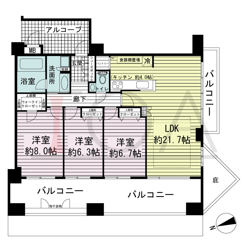 ワコーレ神戸北野セリュックスの間取り図 1邸　南西角住戸
3LDK　専有面積91.80m2
バルコニー面積29.60m2
アルコーブ面積8.92m2