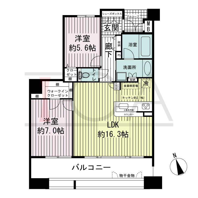 ワコーレ神戸北野セリュックスの間取り図 1邸　南向き住戸
2LDK　専有面積65.82m2
バルコニー面積16.40m2
アルコーブ面積2.66m2