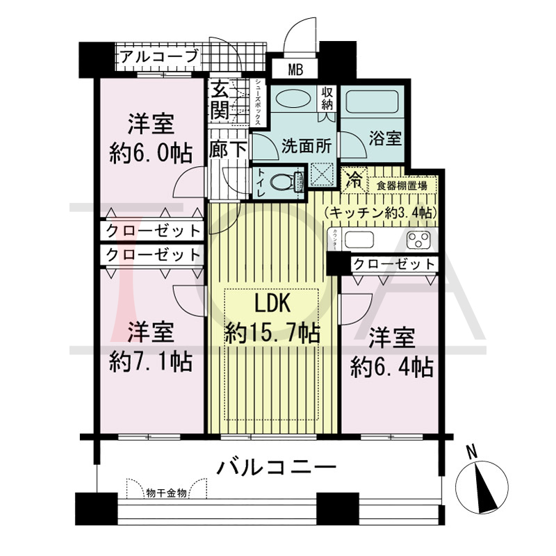 ワコーレ神戸北野セリュックスの間取り図 全4邸　南向き住戸
3LDK　専有面積75.39m2
バルコニー面積16.90m2
アルコーブ面積3.08m2