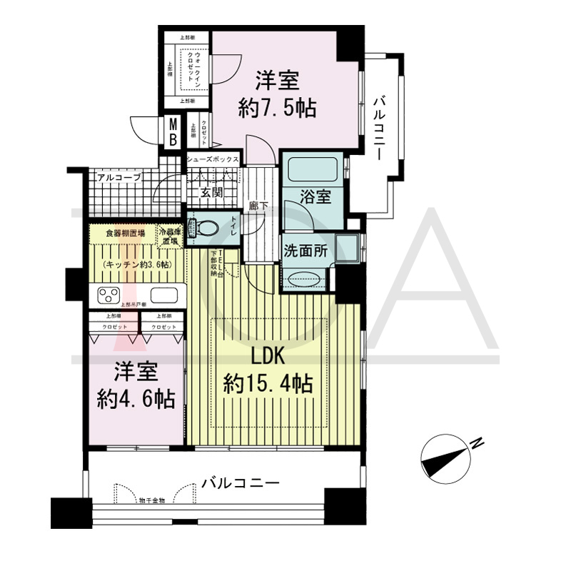 ワコーレ神戸北野セリュックスの間取り図 1邸　北東角住戸
1LDK+F　専有面積62.28m2
バルコニー面積16.75m2
アルコーブ面積3.06m2